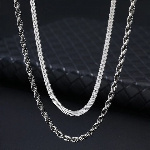 Layered Necklace Jewelry For Women Men Stainless Steel 18K Gold Plated Rope Chain And Herringbone Snake Chain