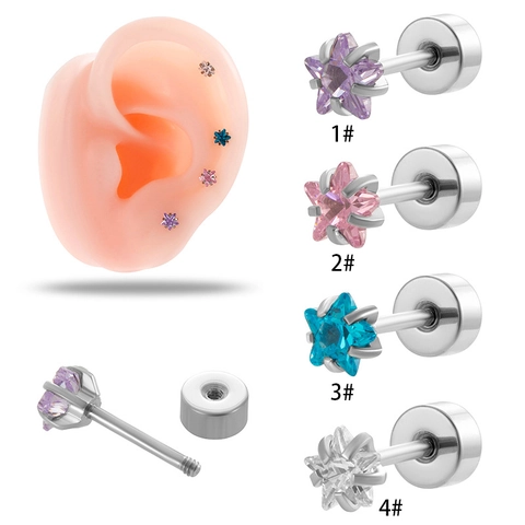 Star Stud Earrings Stainless Steel Zirconia Screw Back Cartilage Helix Piercing Jewelry Colorful For Women