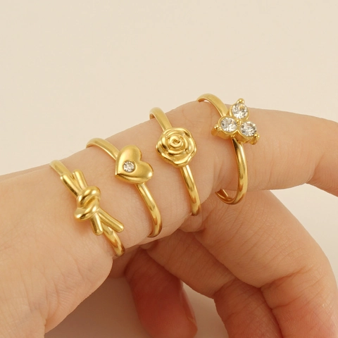 Trendy Stainless Steel Rings For Women 18K Gold Plated Heart Rose Flower Knot Zircon Fashion Adjustable Open Jewelry
