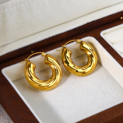 Orecchini A Cerchio In Acciaio Inossidabile Placcato Oro 18K Per Donna Texture Torta Grossa Croissant Geometrici