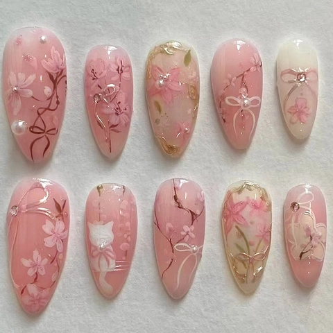 Press On Nails Almond Shape Gradient Pink Sakura Flower With Artificial Pearl Bow ABS Plastic Glossy Reusable For Women
