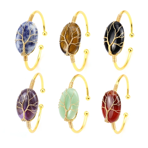 Handmade Tree Of Life Wire Wrapped Bracelet Natural Crystal Gemstone Oval Stone Adjustable Open Cuff Bangle Vintage Jewelry