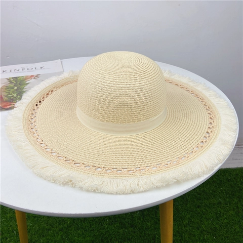 Women Wide Brim Straw Sun Hat Paper Woven Beach Holiday Tassel Fringe Hollow Out Round Top Ribbon Band Breathable