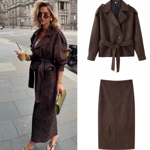 Suede Jas En Rok Outfit Double Breasted Revers Met Riem Kort Jasje Midi Rechte Rok Effen Kleur Dames