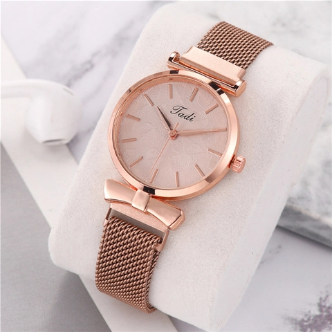 Fashion Women's Quartz Watch Minimalist Leaf Dial Milanese Stainless Steel Mesh Strap Magnetic Buckle Bow Decorative Watch