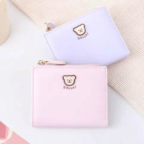 Cartera Corta Para Mujer Cuero PU Osito Lindo Cierre De Cremallera Mini Billetera Plegable Para Niñas