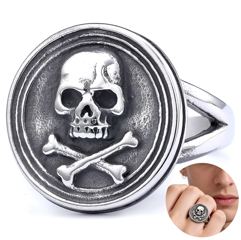 Vintage Skull And Crossbones Ring Stainless Steel Gothic Punk Signet Biker Jewelry For Men