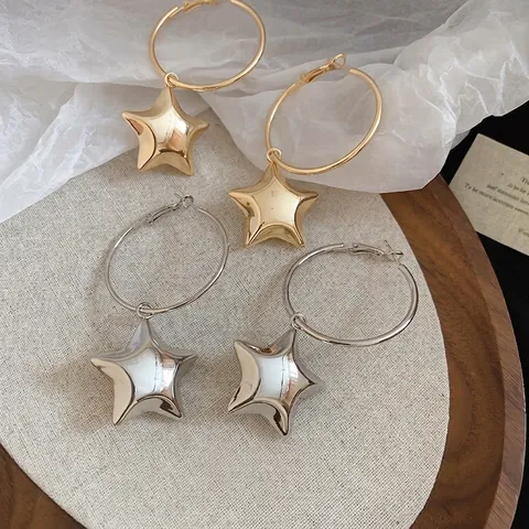 Pendientes De Aro Geométricos Con Colgante De Estrella Aleación Pulido Espejo Con Poste De Plata De Ley 925 Para Mujer