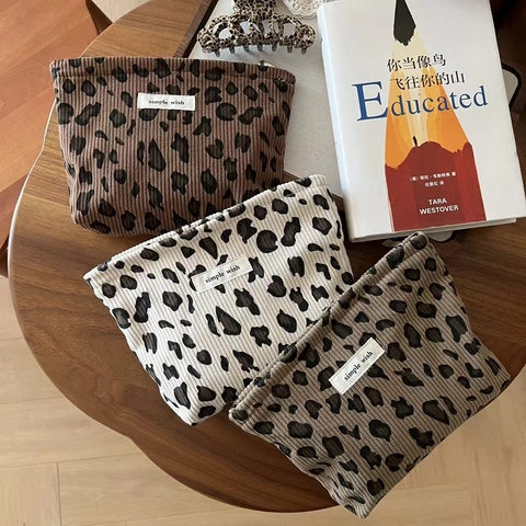 Trousse De Maquillage Vintage Imprimé Léopard En Velours Côtelé Petit Sac Doublure En Toile Fermeture Éclair Pour Femme