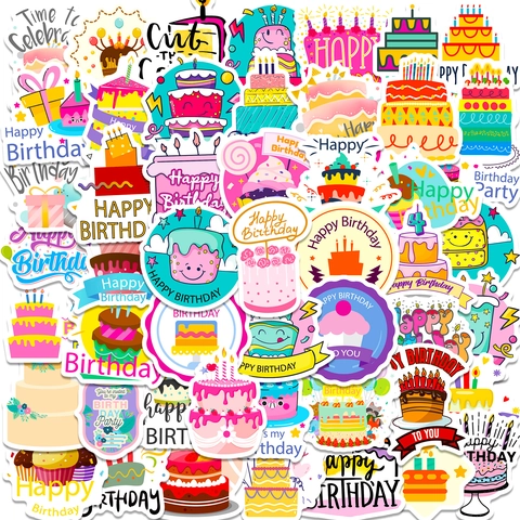 Happy Birthday Stickers Cartoon Cake Candle Designs Waterproof DIY Decorative Scrapbooking Journal Party Favors