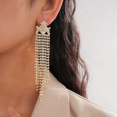 Orecchini Pendenti Lunghi A Nappa Geometrica A Rombo Con Zircone Strass E Perno In Argento Moda Di Lusso Per Donna