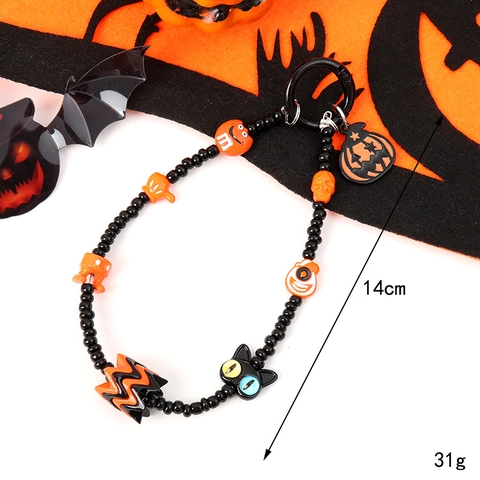 Halloween Beaded Wristlet Keychain For Women Orange Black Beaded Phone Strap With Pumpkin Ghost Skull Charms For Party Bags