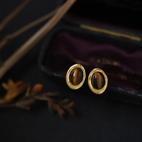 Vintage Natural Tiger Eye Stone Jewelry Set For Women Titanium Steel Gold Plated Coffee Bean Necklace Stud Earrings Set Elegant Maillard Style Accessory