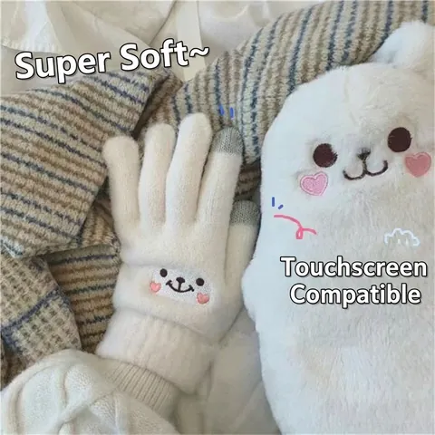 Women Winter Warm Knitted Gloves Thickened Plush Lining Cute Cartoon Bear Embroidery Touchscreen Soft Outdoor Cycling Mittens