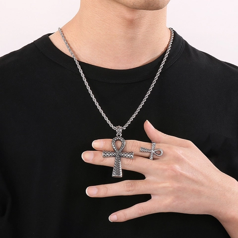 Set Gioielli Croce Ankh Egiziana Per Uomo Acciaio Inossidabile Punk Retro Motivo Serpente Collana Pendente E Anello