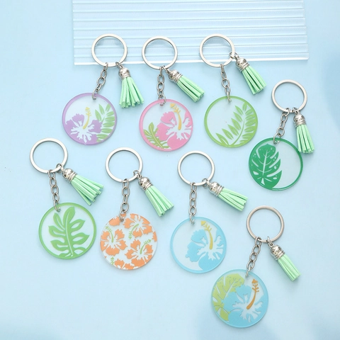 Llavero de Acrílico con Flores y Hojas con Borla Patrón Tropical de Monstera e Hibisco Llavero para Mujer Joyería para Bolso