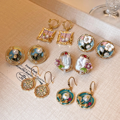 French Vintage Enamel Oil Painting Flower Stud Earrings With Freshwater Pearl 925 Sterling Silver Post For Women Aesthetic Copper Jewelry
