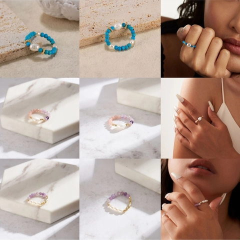 Handmade Beaded Ring Gold Plated Freshwater Pearl Natural Gemstone Stretch Bohemian Jewelry For Women