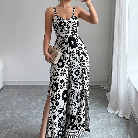 Women Floral Print Jumpsuit Viscose Nylon Woven Sleeveless Spaghetti Strap Cut-Out Backless Wide Leg Side Slit Summer Elegant