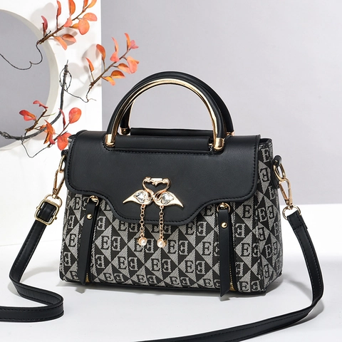 Women Handbag Monogram PU Leather Shoulder Crossbody Bag With Swan Buckle Artificial Pearl Pendant Top Handle Trendy Elegant