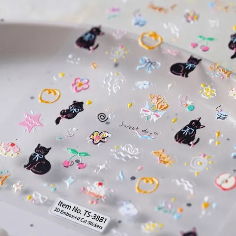 5D Embossed Nail Art Stickers Glow In The Dark Cute Garden Cat Floral Star Adhesive Manicure Decals DIY