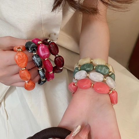 Acrylic Resin Bracelet Irregular Oval Marble Texture Beads With Golden Spacers Elastic Fashion Jewelry For Women