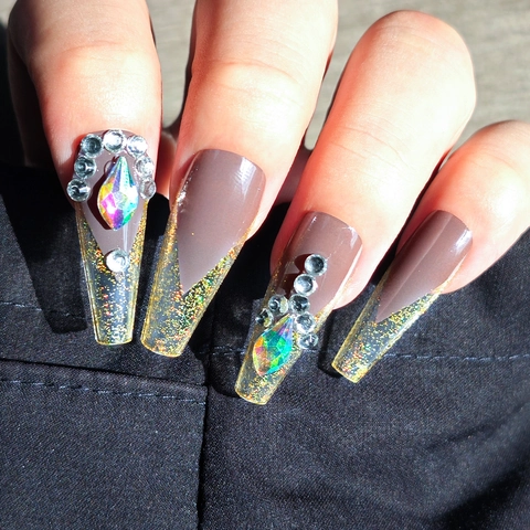 Long Coffin Press On Nails Dark Mocha Brown Gold Glitter French V-Shape With Colorful Rhinestones Ballerina Fake Nails For Women
