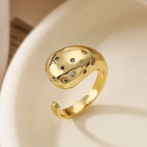 Geometric Irregular Copper Gold Plated Rings With Colorful Zircon Adjustable Open Ring For Women Niche Style