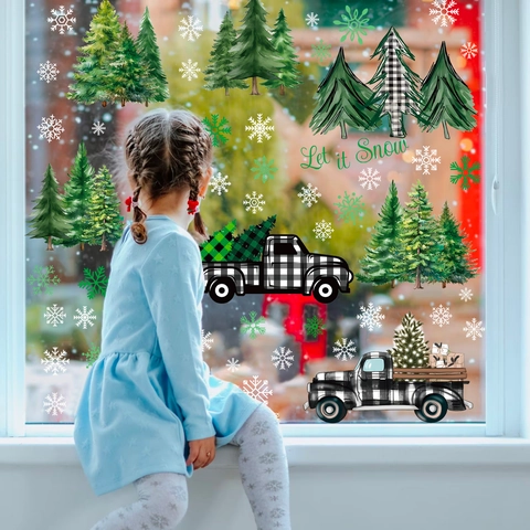 Christmas Window Clings Static Stickers Double Sided Snowflake Santa Reindeer Tree Truck Glass Decals Holiday Home Decor