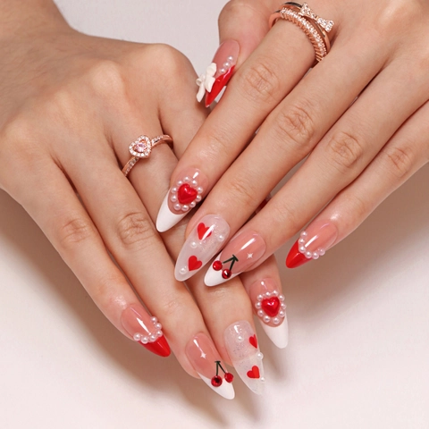 Unghie Finte Fatte A Mano Punta Rossa Francese Fiocco 3D Cuore Ciliegia Perla Artificial Dolce Mandorla Stiletto Donne