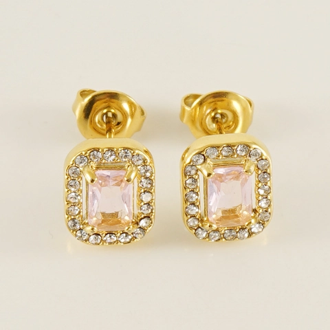 Rectangular Zircon Stud Earrings Stainless Steel 18K Gold Plated Emerald Cut Halo Vintage Ins High End Jewelry For Women
