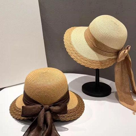 Damen Strohhut Große Krempe Faltbarer Papier Strand Sonnenhut Mit Satin Schleife Elegant Gewellter Rand Atmungsaktiv