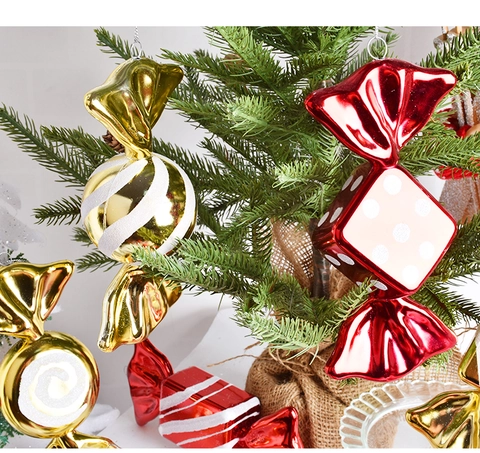 Christmas Tree Hanging Ornaments Electroplated Plastic Candy Shapes Holiday Party Decor Vibrant Red Gold Metallic Finish