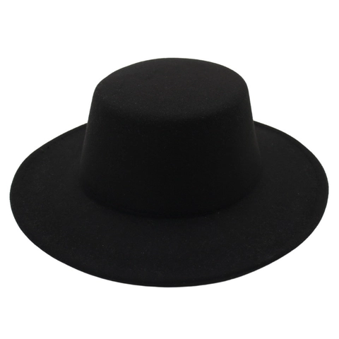 Retro Flat Top Boater Hat Solid Color Wide Brim Cotton Polyester Felt British Style Jazz Fedora For Adult