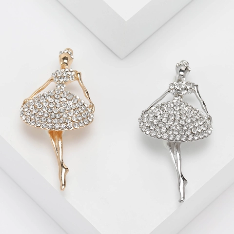 Elegant Alloy Ballet Dancer Brooch Pin For Women Sparkling Rhinestone Inlaid Metal Suit Accessories Jewelry Gift Gold Silver
