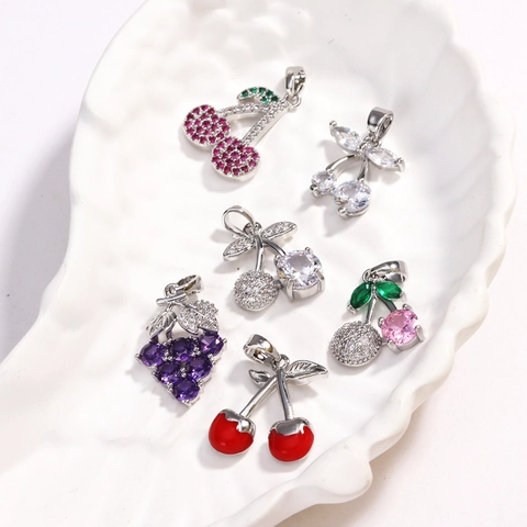 Collana Pendente Frutta Rame Zircone Colorato Ciliegia Fragola Uva Agrumi Gioielli Di Moda Per Donne