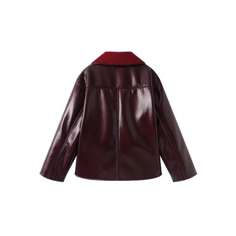 Chaqueta De Cuero PU Para Mujer Con Forro De Borreguillo Sintético Color Vino Tinto Solapa Cálida Invierno Streetwear