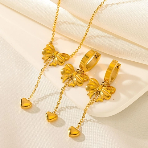 Collana E Orecchini Fiocco Cuore Nappa Acciaio Inossidabile Placcato Oro Gioielli Di Moda Donna Elegante