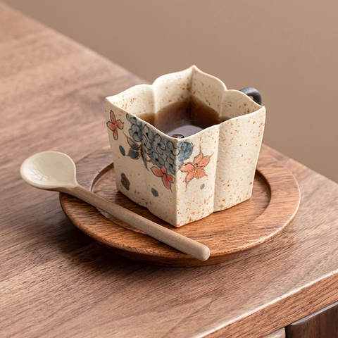 Tazza Da Caffè In Ceramica Dipinta A Mano Ortensia Bordo Dorato Retro Gres Tazza Da Tè Design Petalo Quadrato