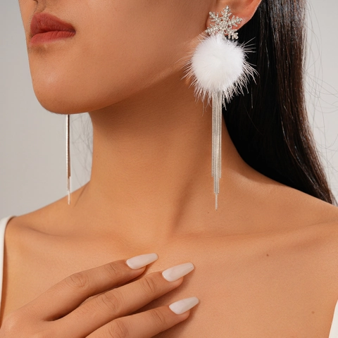 Snowflake Pom-Pom Tassel Earrings With Rhinestone Alloy And 925 Sterling Silver Earring Post Winter Style For Women