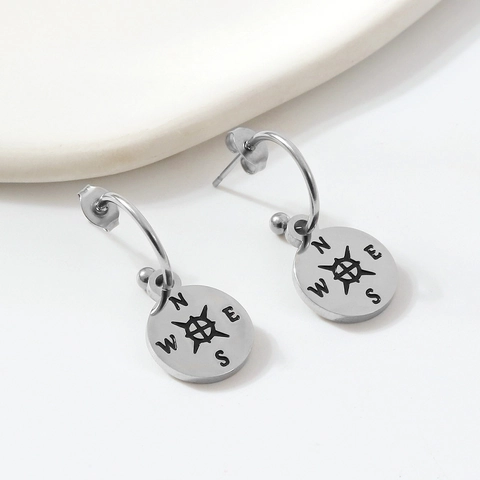 Stainless Steel Compass Drop Earrings For Women Fashion Ins Style Letter Engraved Round Pendant Earrings Nautical Jewelry