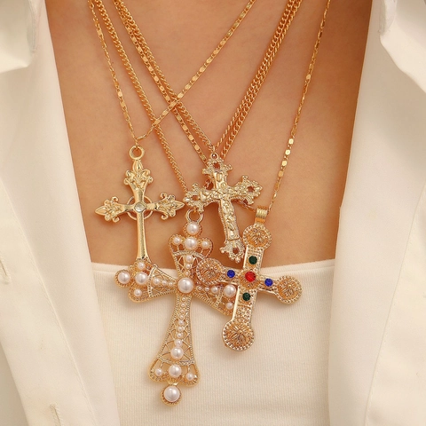 Cross Pendant Necklace Multi Layer Vintage Baroque Gothic Jewelry Alloy With Rhinestone Artificial Pearl For Men Women