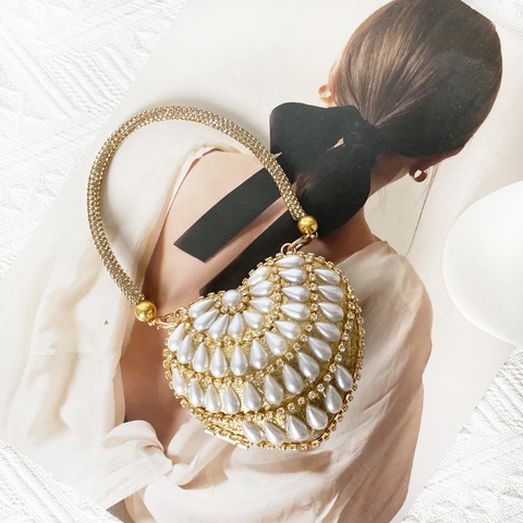 Heart Shaped Evening Bag Mini Rhinestone Artificial Pearl Clutch With Detachable Metal Chain Party Wedding Elegant Purse For Women