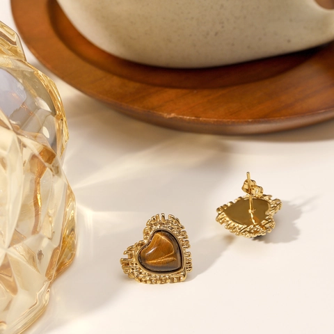 Vintage Heart Stud Earrings Stainless Steel 18K Gold Plated Inlaid Tiger Eye Stone Geometric Waterproof For Women