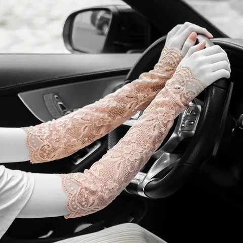 Lace Arm Sleeves Ice Satin Sun Protection Long Fingerless Floral Embroidery Driving Cycling Bridal Elegant Women Apparel
