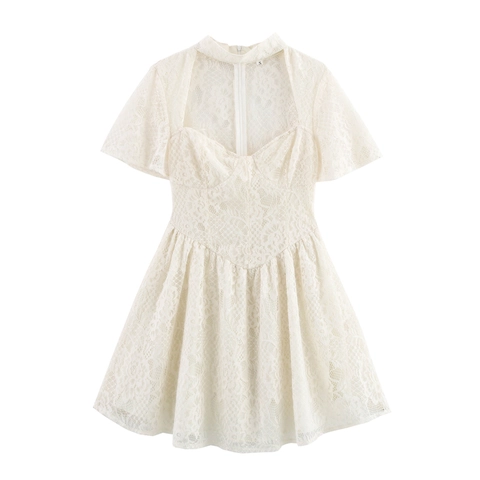 Women Lace Mini Dress Elegant Short Sleeve Square Neck High Waist A-Line Solid White Sexy Party