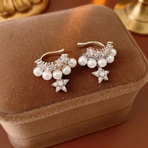 Star Pendant Ear Cuff Double Layer Imitation Artificial Pearl Zircon Clip On Earrings No Piercing Minimalist Sweet Jewelry For Women