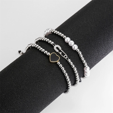 Pulsera Ajustable De Cobre Con Corazón E Imperdible Con Circón Micro Pavé Perlas Artificiales De Imitación Joyería Tejida Mujer