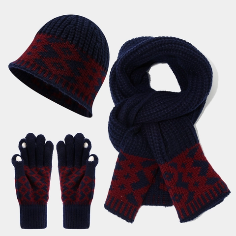Winter Warme Acryl Gebreide Muts Sjaal En Handschoenen Retro Geometrisch Patroon Touchscreen Dikke Thermische Accessoires