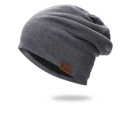 Slouchy Beanie Hat Winter Warm Knit Cap With Fleece Lining And Leather Patch Solid Color Thermal For Men Women